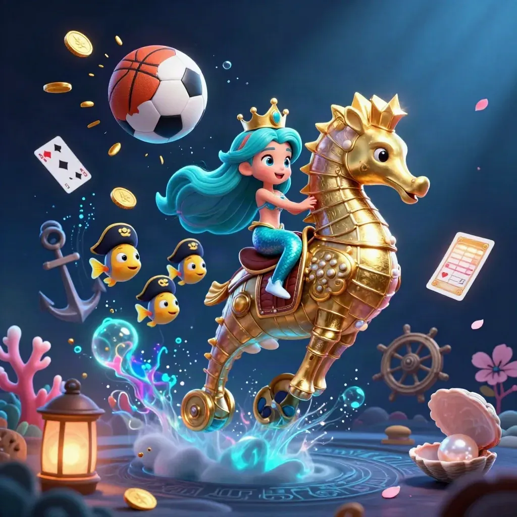 Mermaid princess on armored seahorse with pirate fish, coins, cards and neon sports balls underwater.