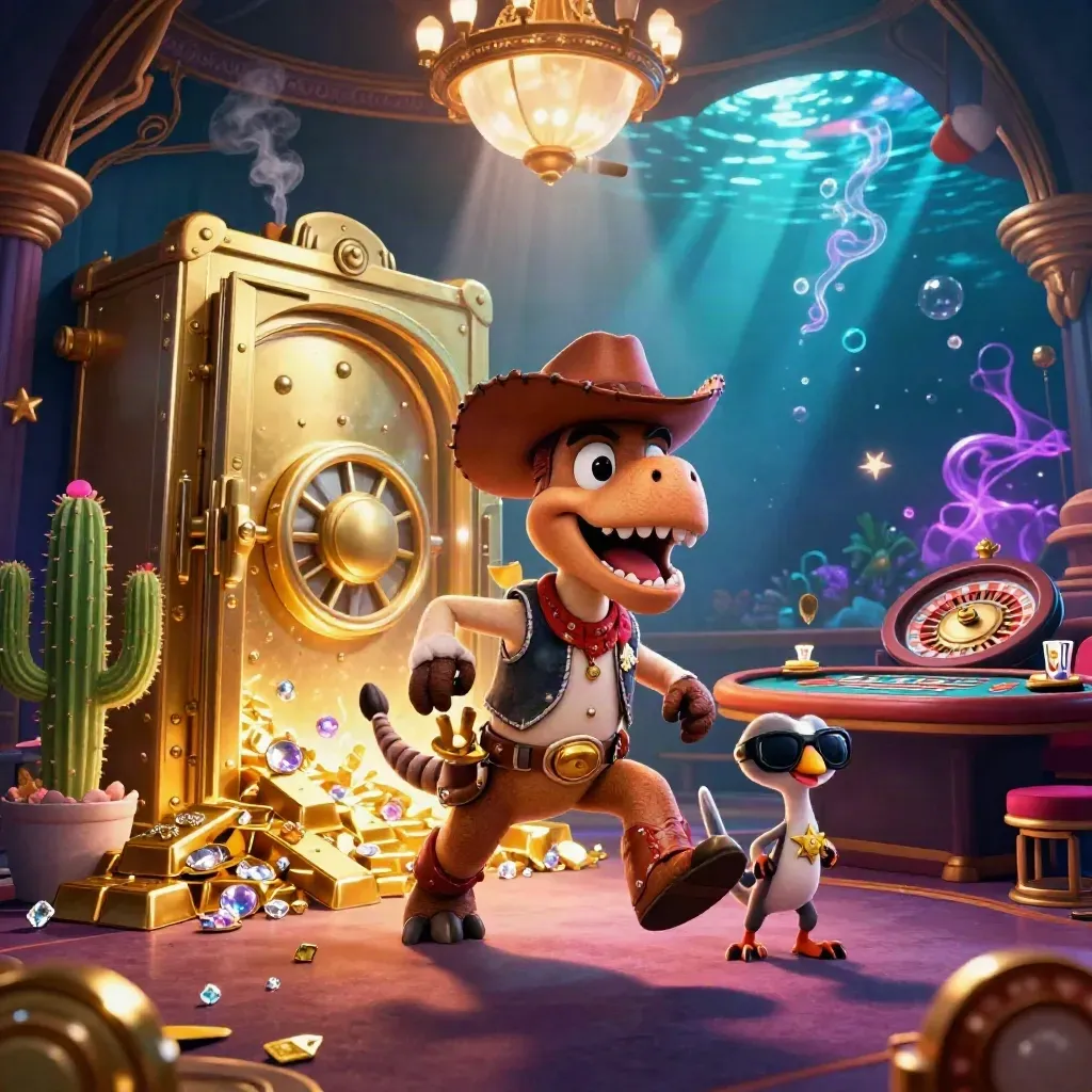 Cowboy T-Rex, cactus sidekick, and roadrunner in a glowing gold casino vault scene.