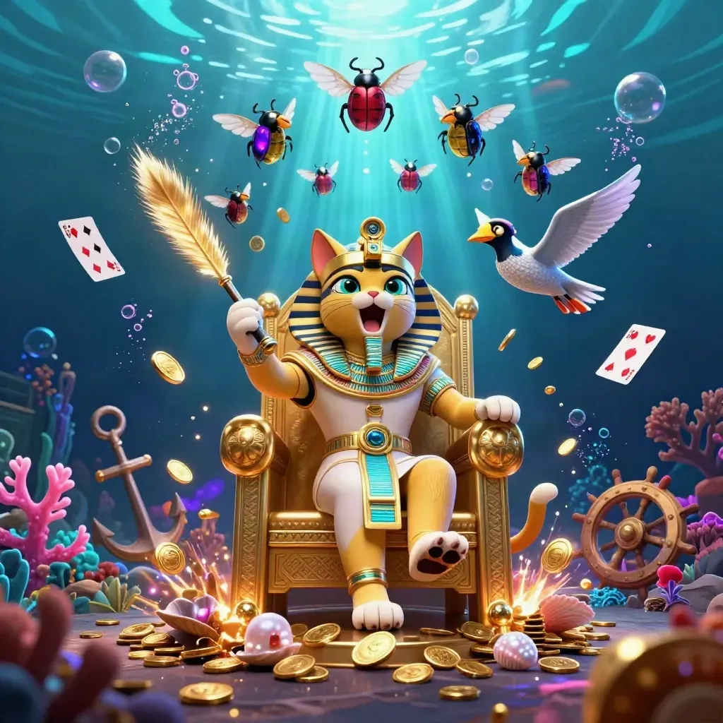 Pharaoh cat on a throne underwater with an ibis scribe, gem-wing scarabs, coins, coral and clams.