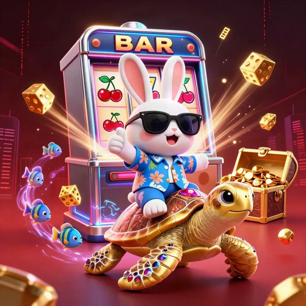 Lucky rabbit rides a gem turtle amid a neon jackpot burst and gold coins.
