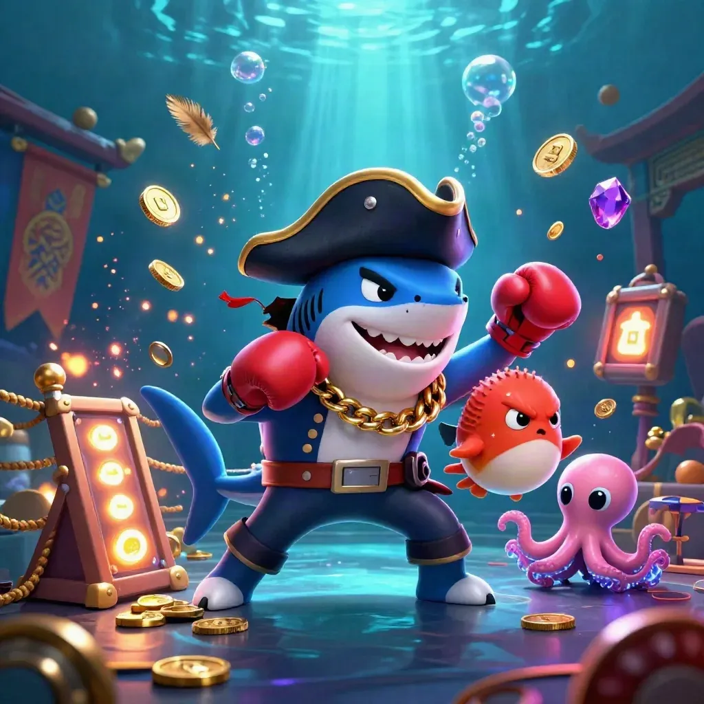 Pirate shark, boxing pufferfish, and juggling octopus amid neon underwater treasure chaos.