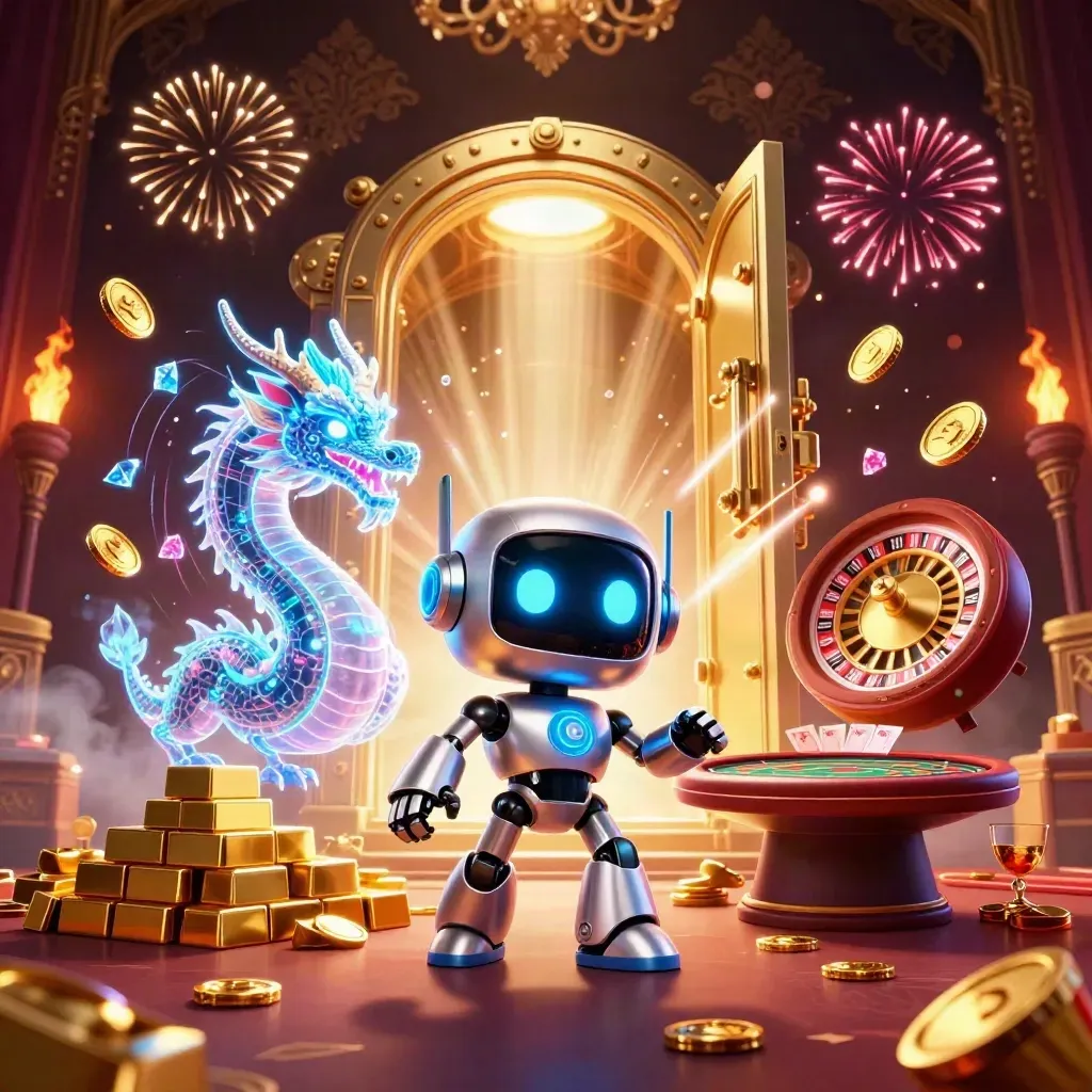 Robot mascot, holographic dragon and coin drone amid a bursting vault of gold and gems.