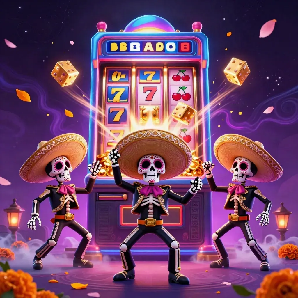 Neon skeleton mariachi trio with a bursting slot machine, gold, dice, and purple starfield.
